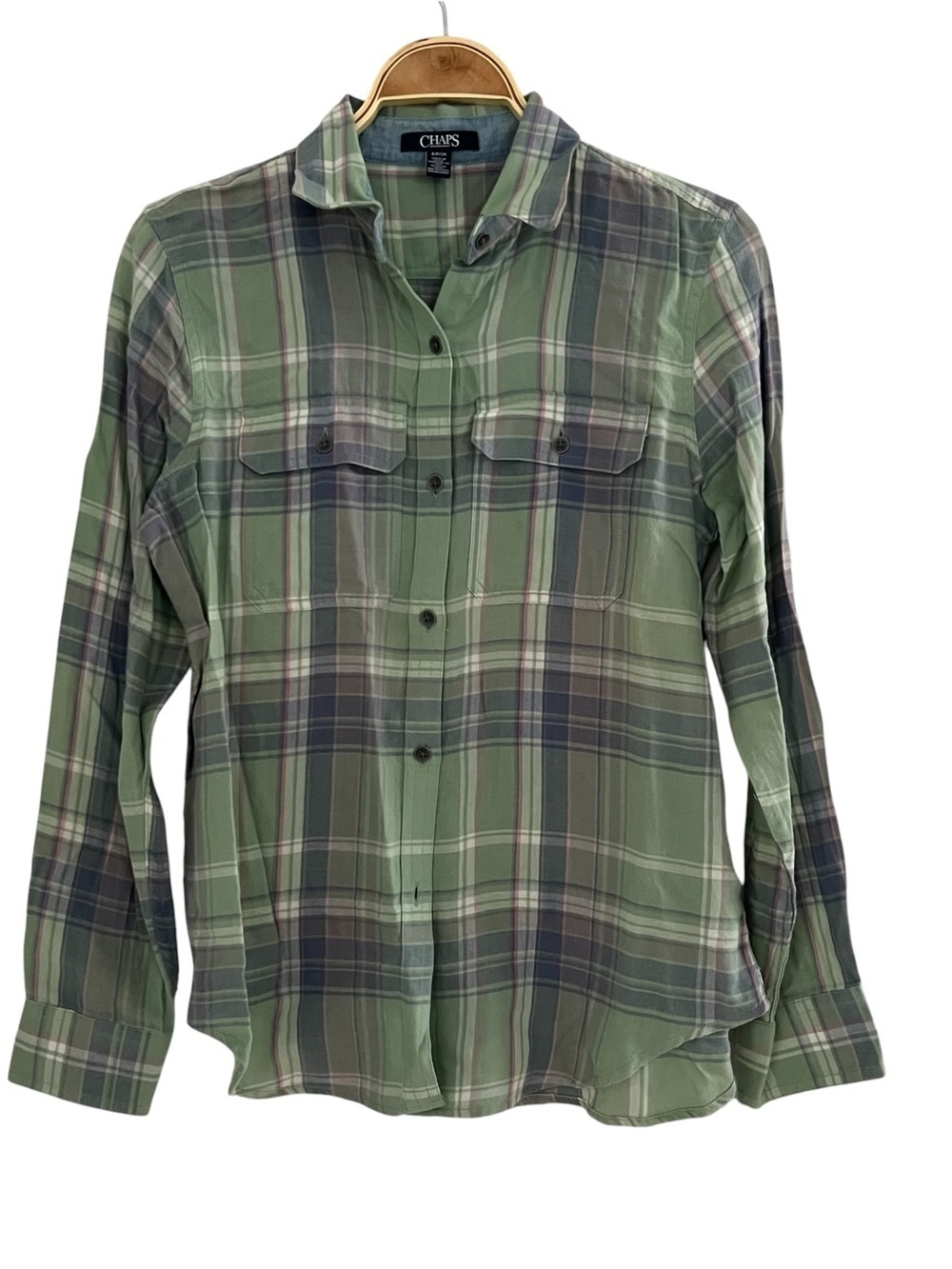 Chaps Women's Sz S Green Multicolored Plaid Long Sleeve Cotton Button-Up Shirt